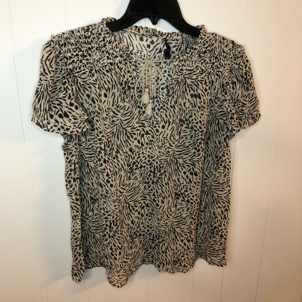 PAIGE Silk Black and Cream Animal-Print Smocked-Neck Flutter Sleeve Blouse XL